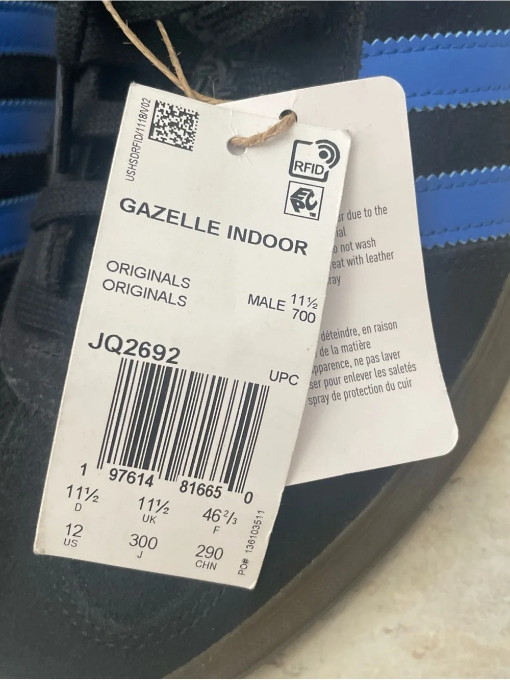 Adidas Men’s Gazelle Indoor Style JQ2692 Sz 12 Core Black Blue/Gum Sneakers